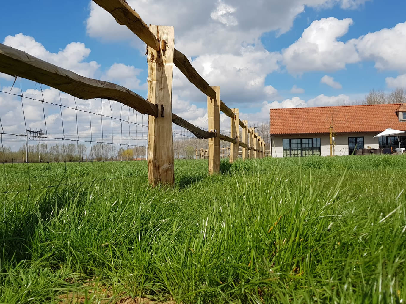 Houten afsluiting met draad en houten palen in achtertuin voor klant regio Ursel